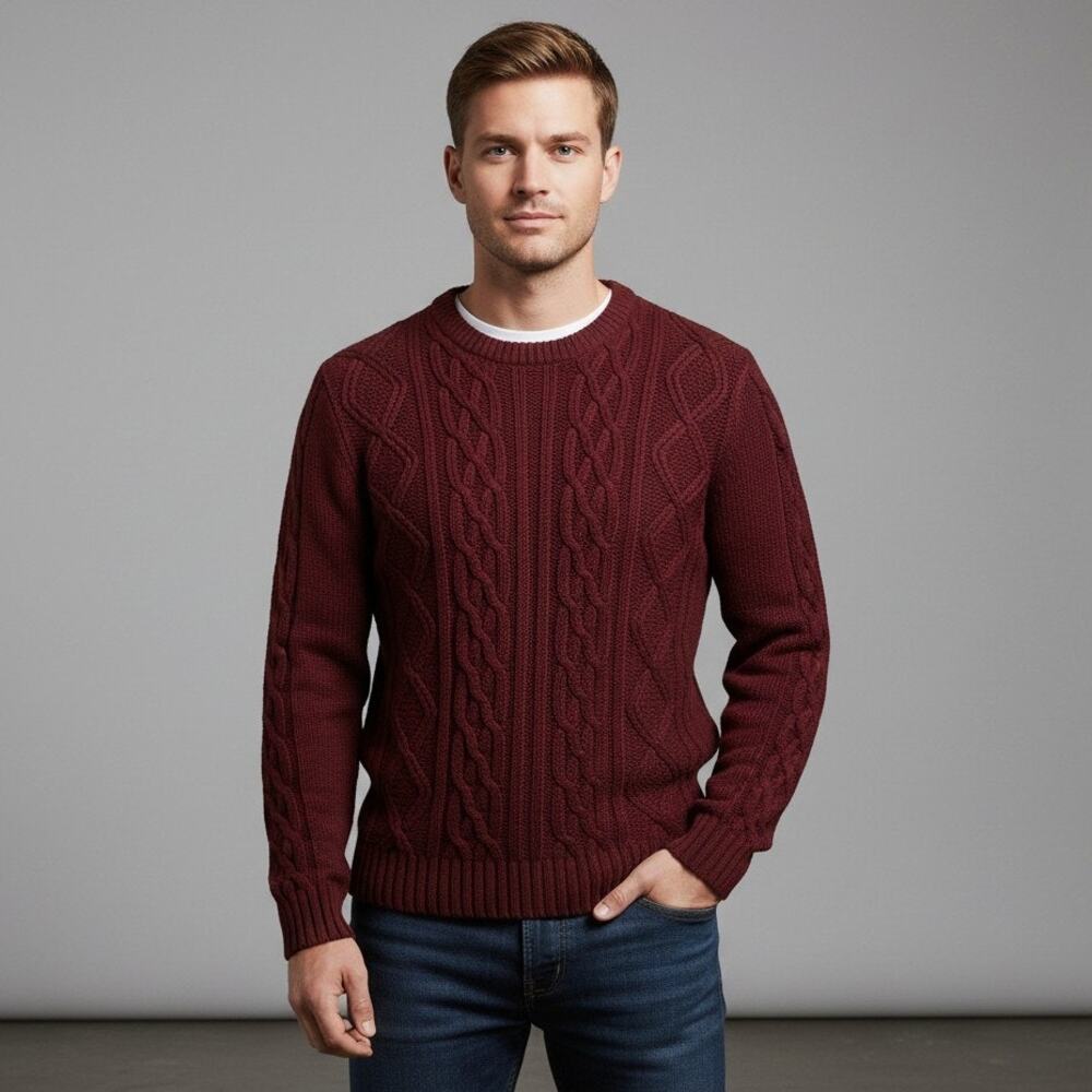 Vintage Oakton Limited Sweater Mens Size M Brick Red Cable Knit Long Sleeve